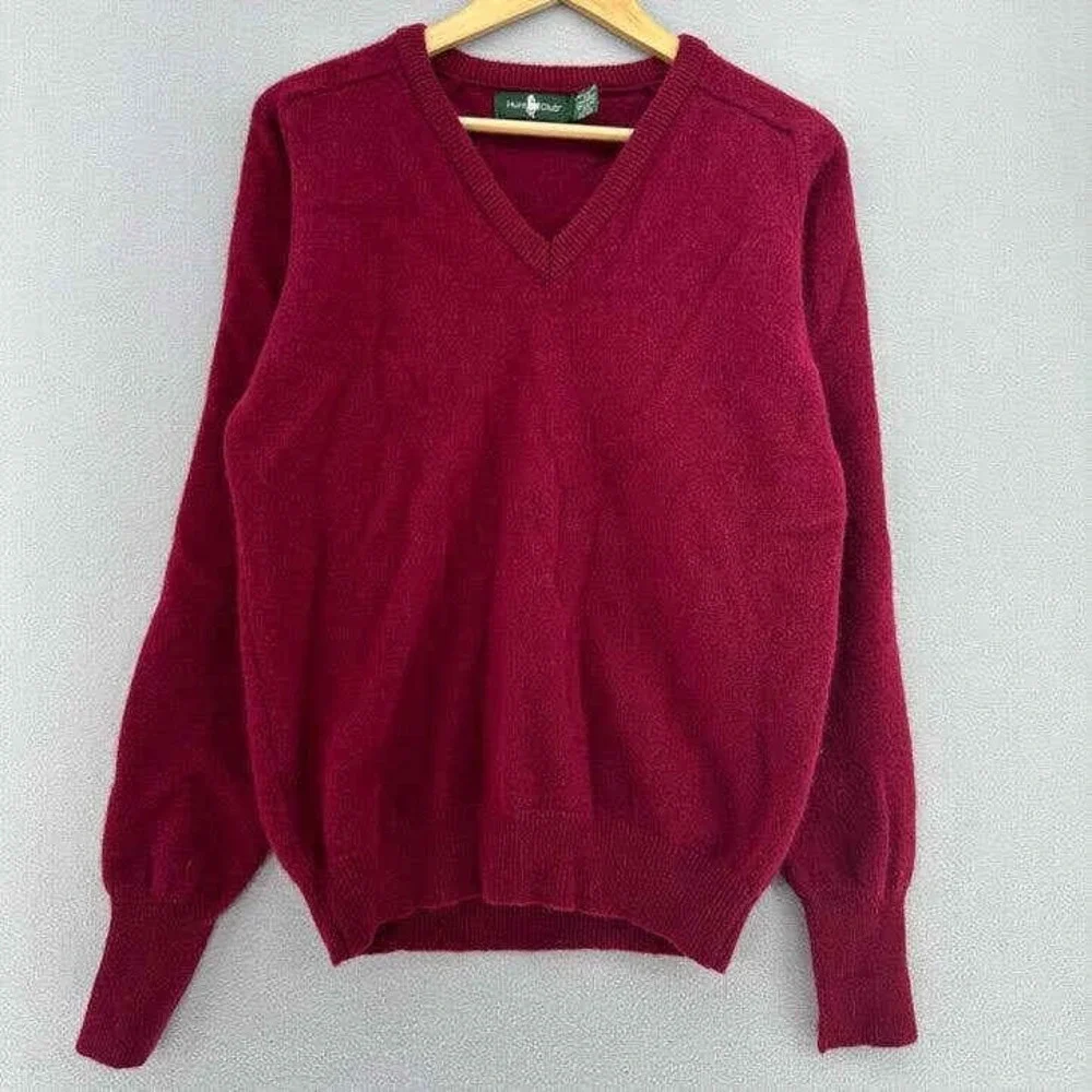VTG Hunt Club Lambswool V-Neck Sweater Burgundy Red Made in USA SZ L 1990s Prep